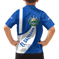 El Salvador Coat of Arms Kid Hawaiian Shirt with Curved Text and Blue Patterned Background - Wonder Print Shop