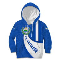 El Salvador Coat of Arms Kid Hoodie with Curved Text and Blue Patterned Background - Wonder Print Shop