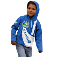 El Salvador Coat of Arms Kid Hoodie with Curved Text and Blue Patterned Background - Wonder Print Shop