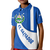 El Salvador Coat of Arms Kid Polo Shirt with Curved Text and Blue Patterned Background - Wonder Print Shop
