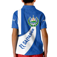 El Salvador Coat of Arms Kid Polo Shirt with Curved Text and Blue Patterned Background - Wonder Print Shop