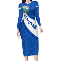El Salvador Coat of Arms Long Sleeve Bodycon Dress with Curved Text and Blue Patterned Background - Wonder Print Shop