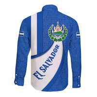 El Salvador Coat of Arms Long Sleeve Button Shirt with Curved Text and Blue Patterned Background - Wonder Print Shop