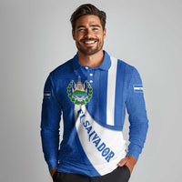 El Salvador Coat of Arms Long Sleeve Polo Shirt with Curved Text and Blue Patterned Background - Wonder Print Shop