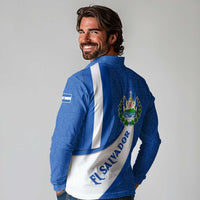 El Salvador Coat of Arms Long Sleeve Polo Shirt with Curved Text and Blue Patterned Background - Wonder Print Shop