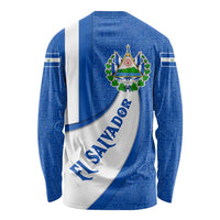 El Salvador Coat of Arms Long Sleeve Shirt with Curved Text and Blue Patterned Background - Wonder Print Shop