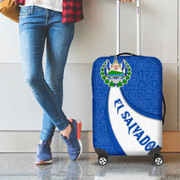 El Salvador Coat of Arms Luggage Cover with Curved Text and Blue Patterned Background - Wonder Print Shop