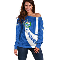 El Salvador Coat of Arms Off Shoulder Sweater with Curved Text and Blue Patterned Background - Wonder Print Shop