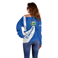 El Salvador Coat of Arms Off Shoulder Sweater with Curved Text and Blue Patterned Background - Wonder Print Shop