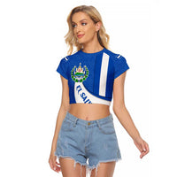 El Salvador Coat of Arms Raglan Cropped T Shirt with Curved Text and Blue Patterned Background - Wonder Print Shop