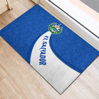 El Salvador Coat of Arms Rubber Doormat with Curved Text and Blue Patterned Background - Wonder Print Shop