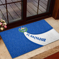 El Salvador Coat of Arms Rubber Doormat with Curved Text and Blue Patterned Background - Wonder Print Shop