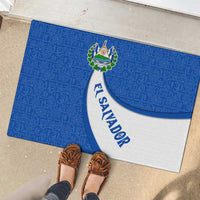 El Salvador Coat of Arms Rubber Doormat with Curved Text and Blue Patterned Background - Wonder Print Shop