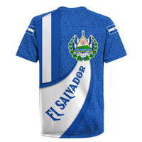 El Salvador Coat of Arms Rugby Jersey with Curved Text and Blue Patterned Background - Wonder Print Shop