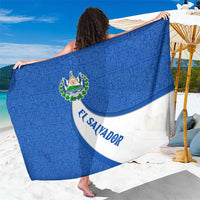 El Salvador Coat of Arms Sarong with Curved Text and Blue Patterned Background - Wonder Print Shop
