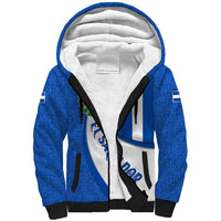 El Salvador Coat of Arms Sherpa Hoodie with Curved Text and Blue Patterned Background - Wonder Print Shop