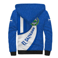 El Salvador Coat of Arms Sherpa Hoodie with Curved Text and Blue Patterned Background - Wonder Print Shop