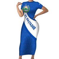 El Salvador Coat of Arms Short Sleeve Bodycon Dress with Curved Text and Blue Patterned Background - Wonder Print Shop