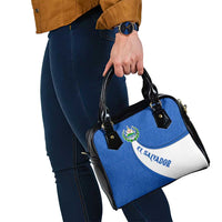 El Salvador Coat of Arms Shoulder Handbag with Curved Text and Blue Patterned Background - Wonder Print Shop