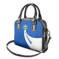 El Salvador Coat of Arms Shoulder Handbag with Curved Text and Blue Patterned Background - Wonder Print Shop