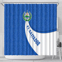 El Salvador Coat of Arms Shower Curtain with Curved Text and Blue Patterned Background - Wonder Print Shop