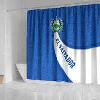 El Salvador Coat of Arms Shower Curtain with Curved Text and Blue Patterned Background - Wonder Print Shop