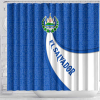 El Salvador Coat of Arms Shower Curtain with Curved Text and Blue Patterned Background - Wonder Print Shop