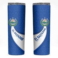 El Salvador Coat of Arms Skinny Tumbler with Curved Text and Blue Patterned Background - Wonder Print Shop