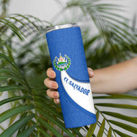 El Salvador Coat of Arms Skinny Tumbler with Curved Text and Blue Patterned Background - Wonder Print Shop