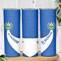 El Salvador Coat of Arms Skinny Tumbler with Curved Text and Blue Patterned Background - Wonder Print Shop