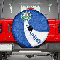 El Salvador Coat of Arms Spare Tire Cover with Curved Text and Blue Patterned Background - Wonder Print Shop