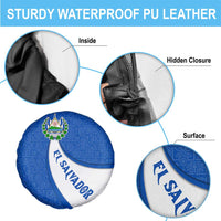El Salvador Coat of Arms Spare Tire Cover with Curved Text and Blue Patterned Background - Wonder Print Shop