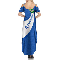El Salvador Coat of Arms Summer Maxi Dress with Curved Text and Blue Patterned Background - Wonder Print Shop