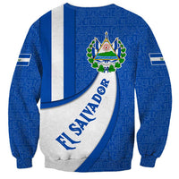 El Salvador Coat of Arms Sweatshirt with Curved Text and Blue Patterned Background - Wonder Print Shop