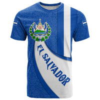 El Salvador Coat of Arms T Shirt with Curved Text and Blue Patterned Background - Wonder Print Shop