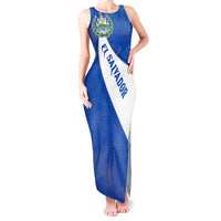 El Salvador Coat of Arms Tank Maxi Dress with Curved Text and Blue Patterned Background - Wonder Print Shop