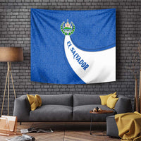 El Salvador Coat of Arms Tapestry with Curved Text and Blue Patterned Background - Wonder Print Shop