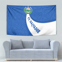 El Salvador Coat of Arms Tapestry with Curved Text and Blue Patterned Background - Wonder Print Shop