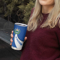 El Salvador Coat of Arms Tumbler Cup with Curved Text and Blue Patterned Background - Wonder Print Shop