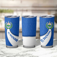 El Salvador Coat of Arms Tumbler Cup with Curved Text and Blue Patterned Background - Wonder Print Shop