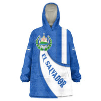 El Salvador Coat of Arms Wearable Blanket Hoodie with Curved Text and Blue Patterned Background - Wonder Print Shop