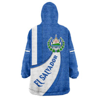 El Salvador Coat of Arms Wearable Blanket Hoodie with Curved Text and Blue Patterned Background - Wonder Print Shop