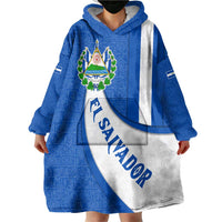 El Salvador Coat of Arms Wearable Blanket Hoodie with Curved Text and Blue Patterned Background - Wonder Print Shop