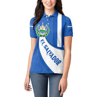 El Salvador Coat of Arms Women Polo Shirt with Curved Text and Blue Patterned Background - Wonder Print Shop