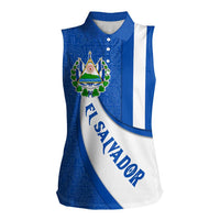 El Salvador Coat of Arms Women Sleeveless Polo Shirt with Curved Text and Blue Patterned Background - Wonder Print Shop