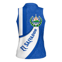 El Salvador Coat of Arms Women Sleeveless Polo Shirt with Curved Text and Blue Patterned Background - Wonder Print Shop