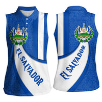El Salvador Coat of Arms Women Sleeveless Polo Shirt with Curved Text and Blue Patterned Background - Wonder Print Shop