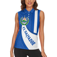 El Salvador Coat of Arms Women Sleeveless Polo Shirt with Curved Text and Blue Patterned Background - Wonder Print Shop