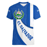 El Salvador Coat of Arms Women V-Neck T-Shirt with Curved Text and Blue Patterned Background - Wonder Print Shop