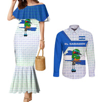 El Salvador National Symbol Couples Matching Mermaid Dress and Long Sleeve Button Shirt with Torogoz Bird and Flag Map Design - Wonder Print Shop